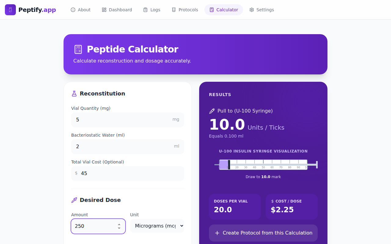 Peptify.App Calculator Interface showing peptide dosage calculation